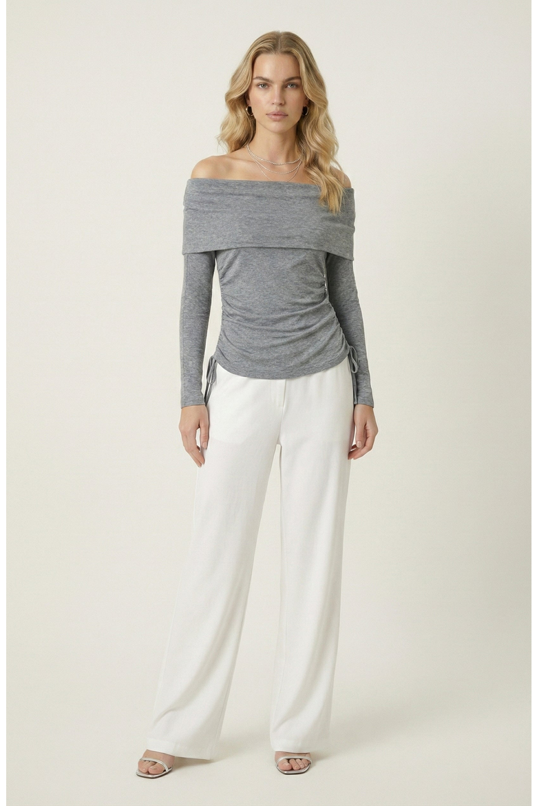 Off Shoulder Side Ruched Long Sleeve Top, Alternate, color, Heather Grey