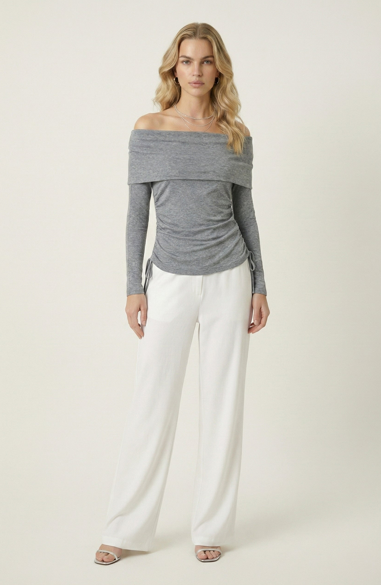 Modenaire Off Shoulder Side Ruched Long Sleeve Top, Alternate, color, Heather Grey