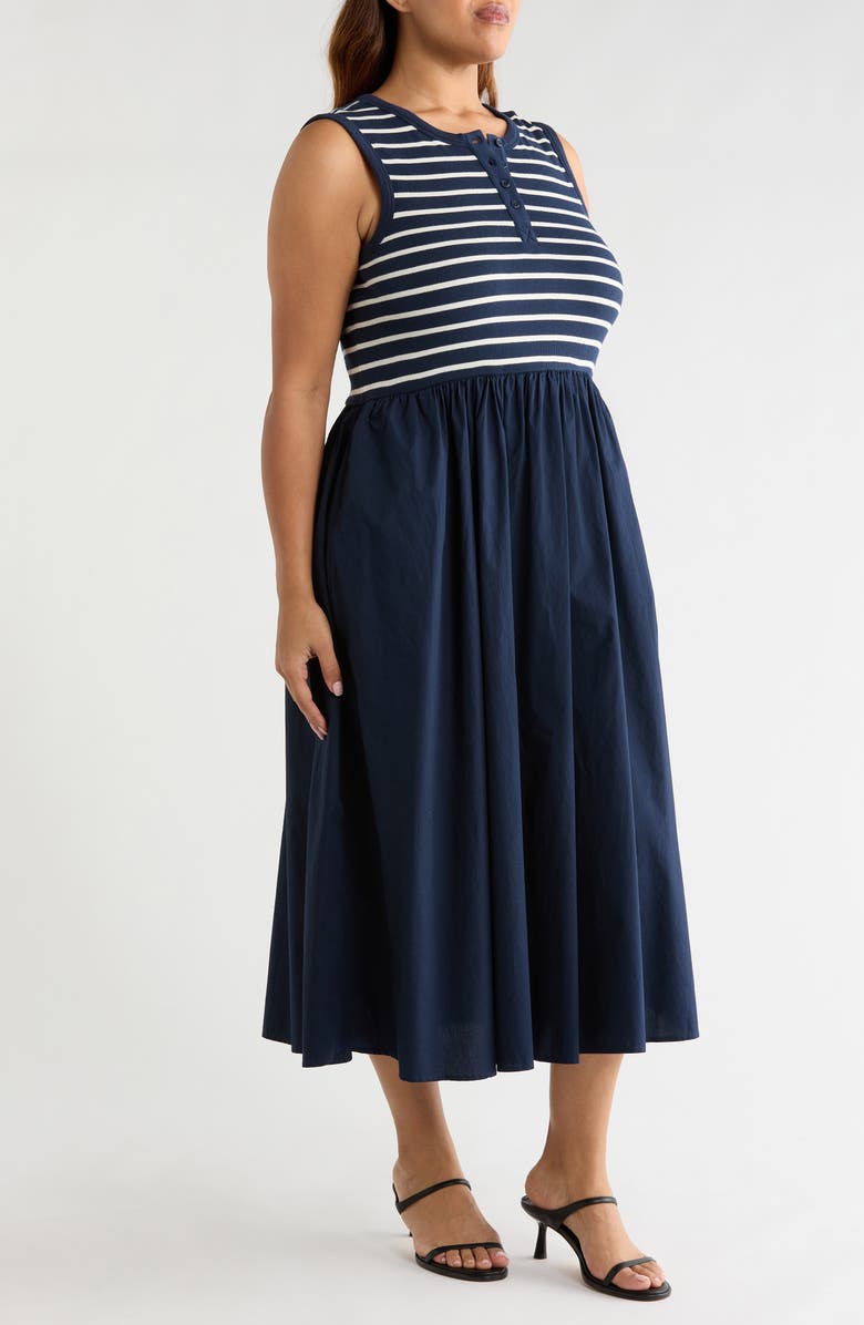 Caslon<sup>®</sup> Mixed Media Henley Midi Dress, Alternate, color, Navy Still- Ivory Gabe Stripe