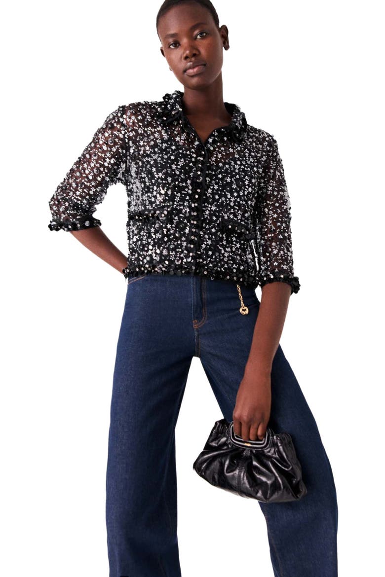 Floral rhinestone polo, Alternate, color, Black