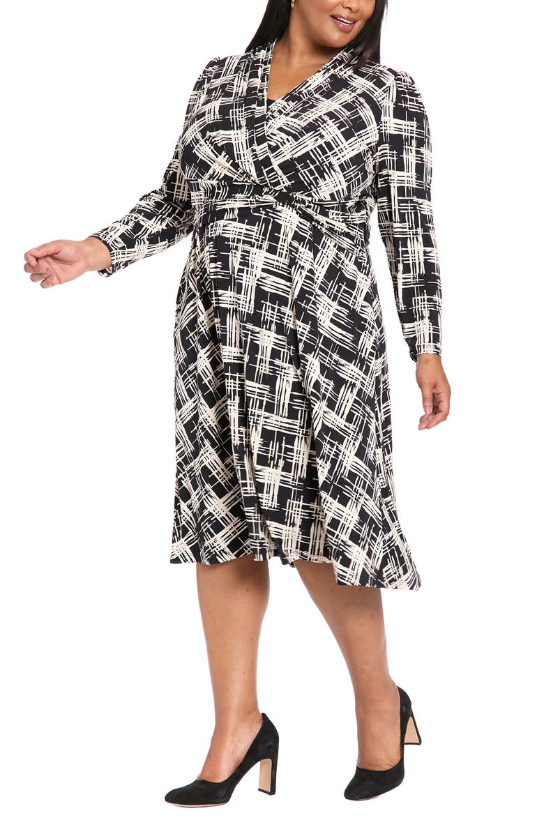 London Times Print Long Sleeve Side Tie Jersey Fit & Flare Dress, Alternate, color, Black/ Cream