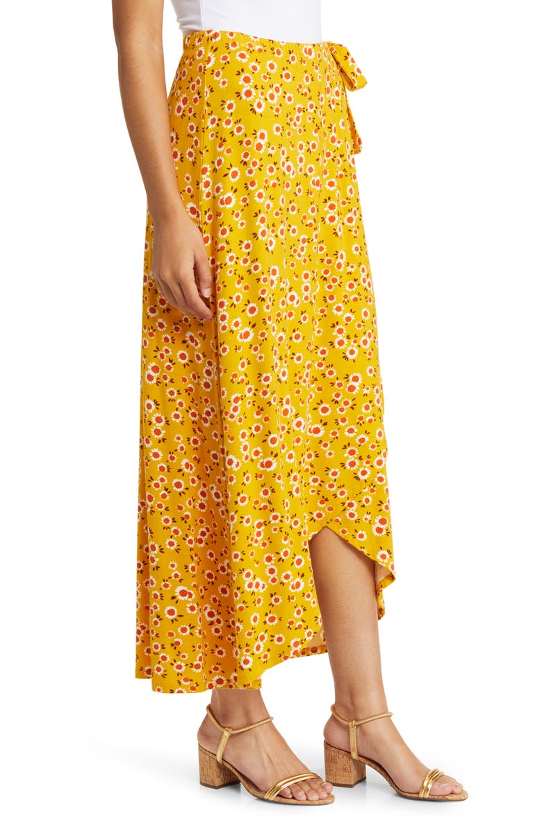 Loveappella Floral Jersey Faux Wrap Skirt, Alternate, color, Sunflower