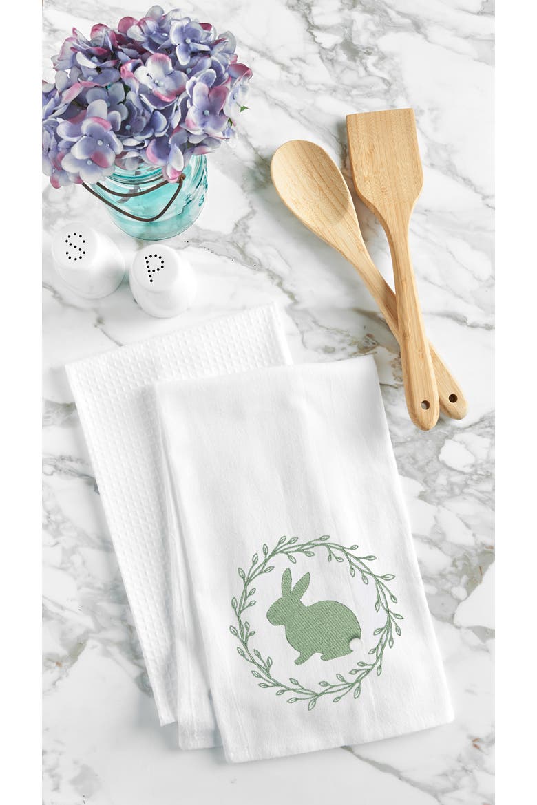 Spring Greens Bunny Rabbit w/ Spring Wreath Design Flour Sack Cotton Kitchen Dishtowel, Alternate, color, Green