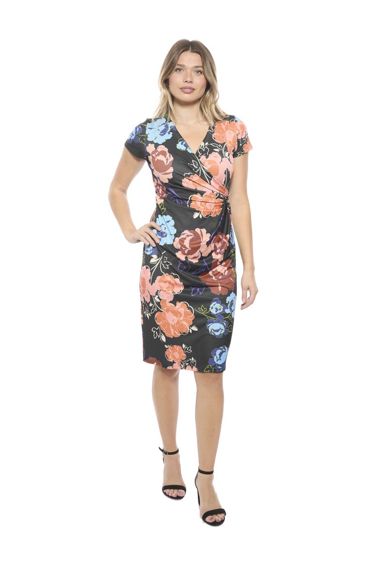 Womens Floral V-Neck Short Sleeve Knee Length Faux Wrap Dress, Main, color, Black Multi