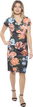 24seven Comfort Apparel Womens Floral V-Neck Short Sleeve Knee Length Faux Wrap Dress