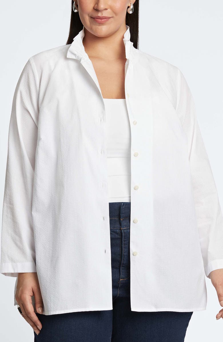 Foxcroft Carolina Seersucker Cotton Blend Button-Up Shirt, Alternate, color, White