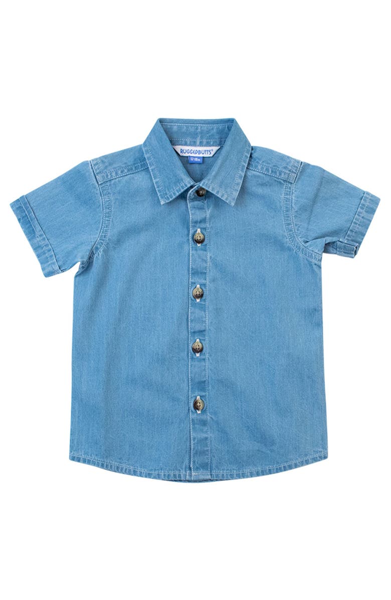 RuffleButts Denim Short Sleeve Button Down Shirt, Main, color, Light Wash