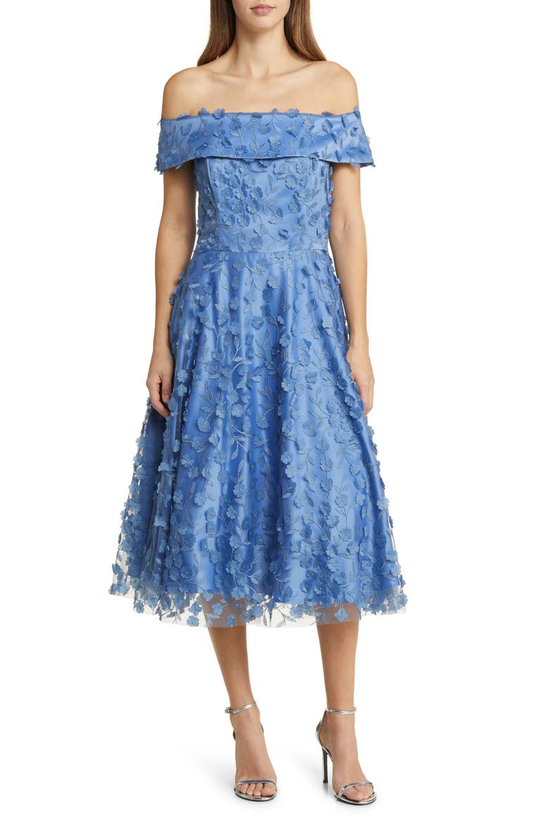 Floral Appliqué Off the Shoulder Midi Cocktail Dress, Main, color, SLATE