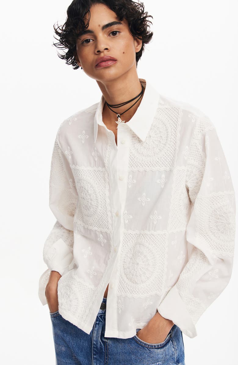 Desigual Sendai Embroidered Cotton Button-Up Shirt, Alternate, color, White