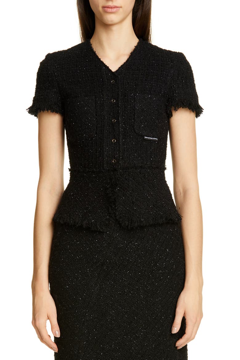 Metallic Wool Blend Fringe Tweed Jacket, Main, color, BLACK