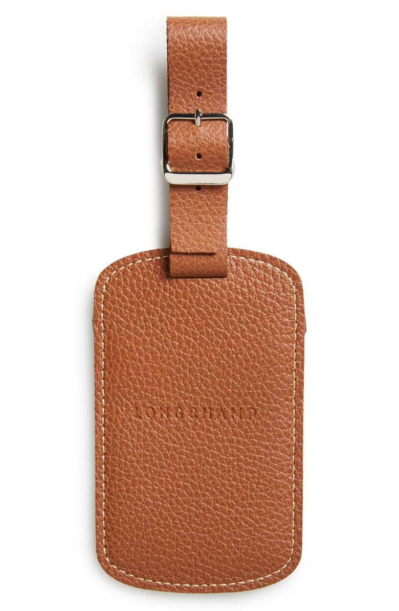Longchamp Leather Luggage Tag, Main, color, Cognac