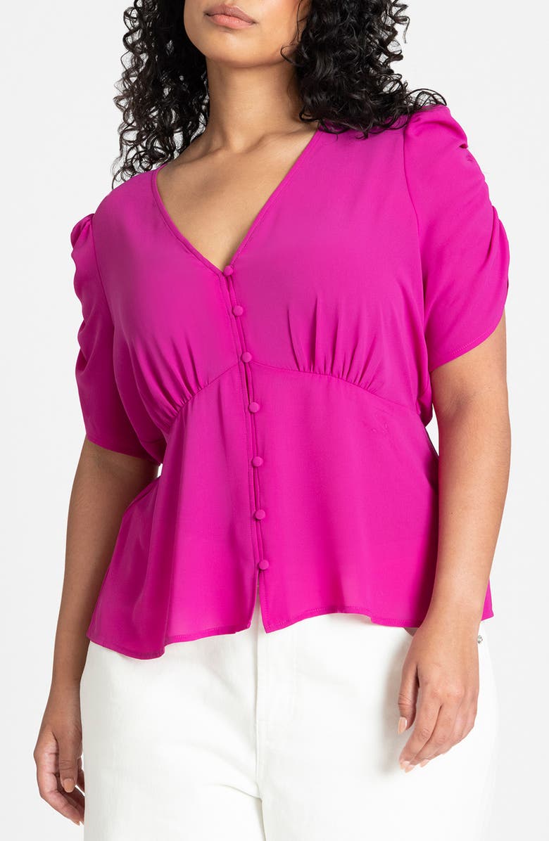 ELOQUII V-Neck Button Front Double Georgette Peplum Top, Main, color, 