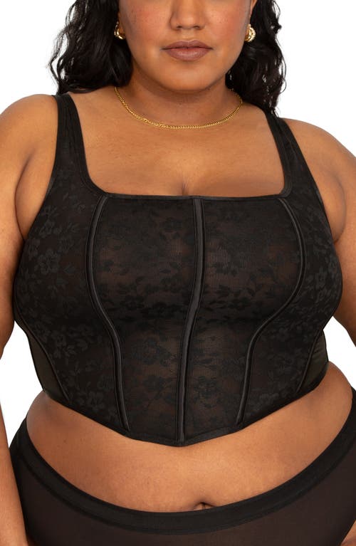 Curvy Couture No Show Floral Jacquard Corset Crop Top In Black Hue