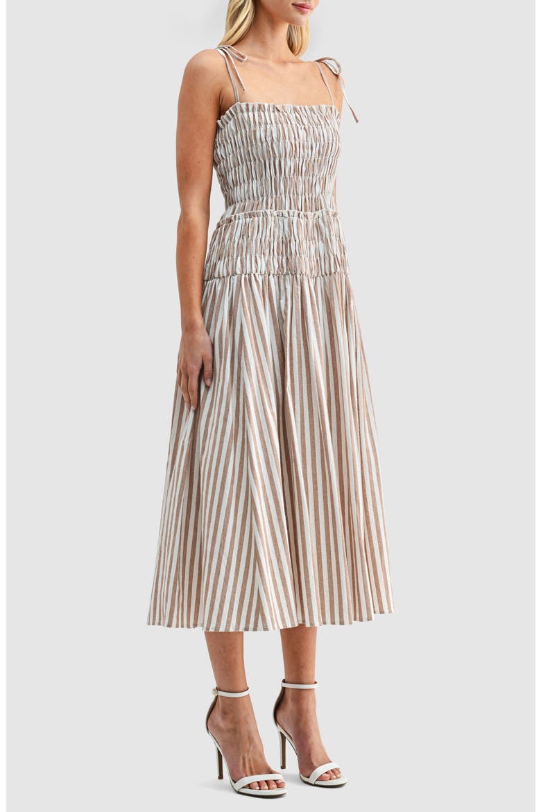 Stripe Tie Strap Smocked Cotton Midi Sundress, Alternate, color, BROWN IVORY