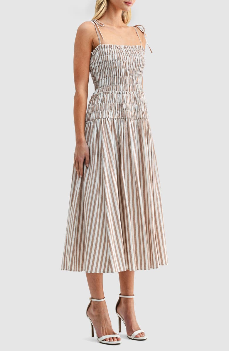 All in Favor Stripe Tie Strap Smocked Cotton Midi Sundress, Alternate, color, Brown Ivory
