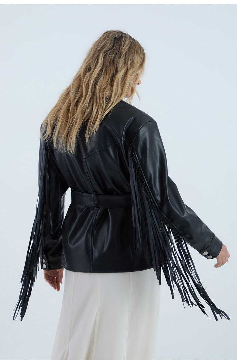 NASTY GAL Fringe Faux Leather Belted Jacket, Alternate, color, Black