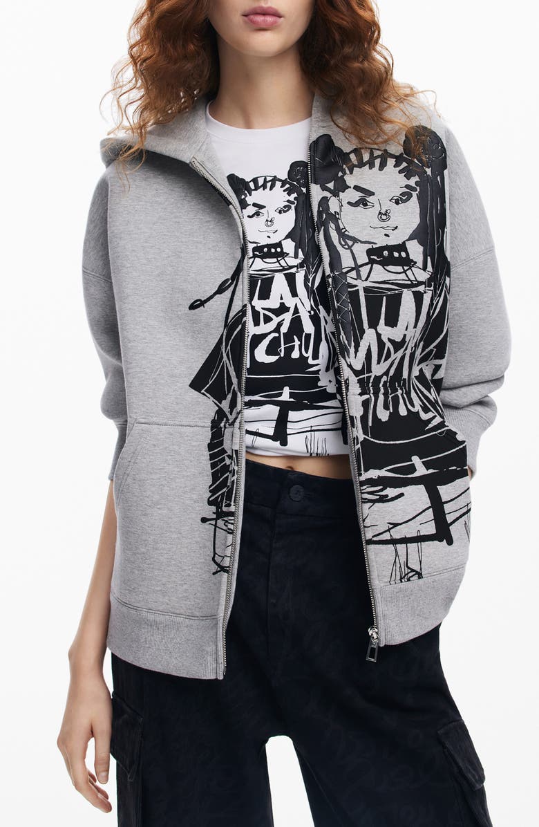 Desigual Front Zip Cotton Blend Hoodie, Main, color,