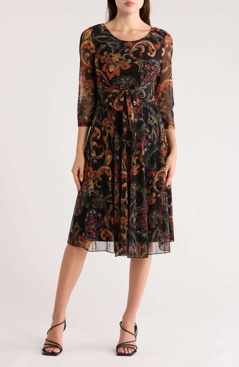 Connected Apparel Elbow Length Sleeve Mesh Dress, Main, color, Black