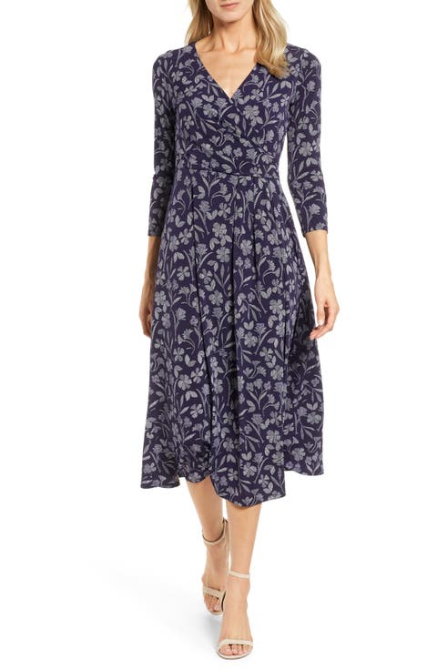 Etched Floral Faux Wrap Midi Dress
