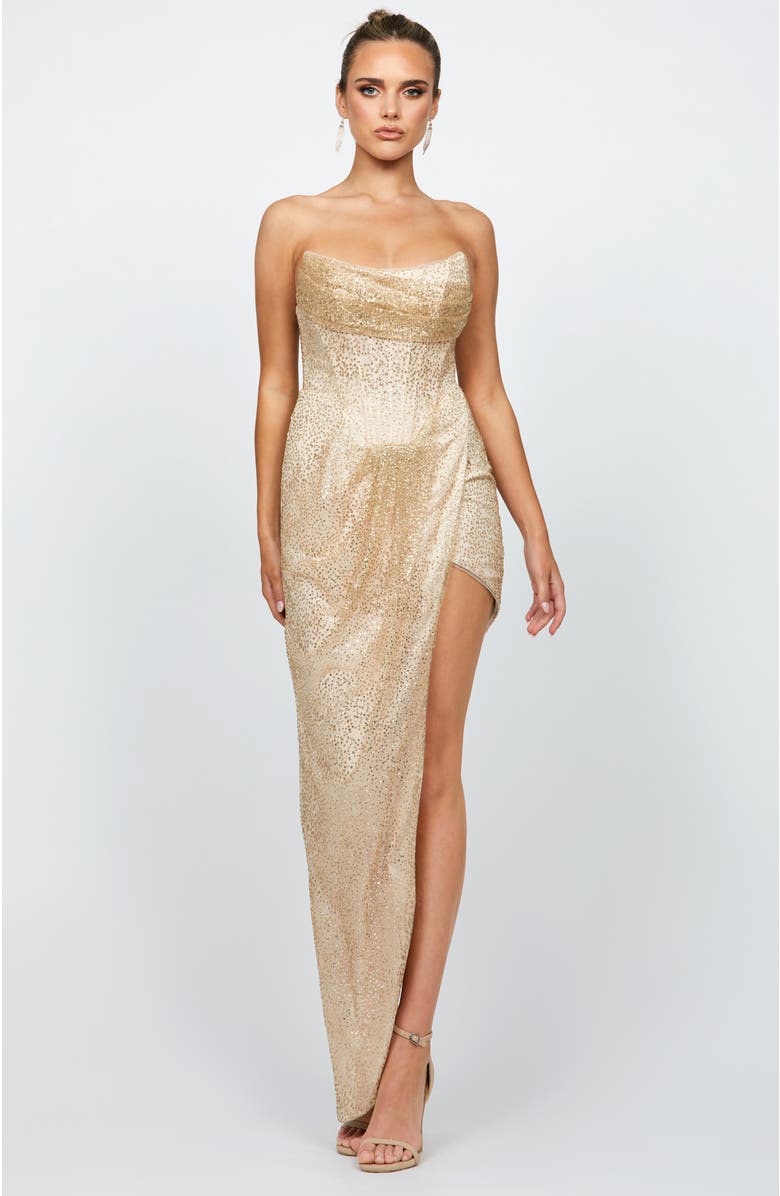 Bariano Scarlette Corset Cut Away Gown, Main, color, Gold