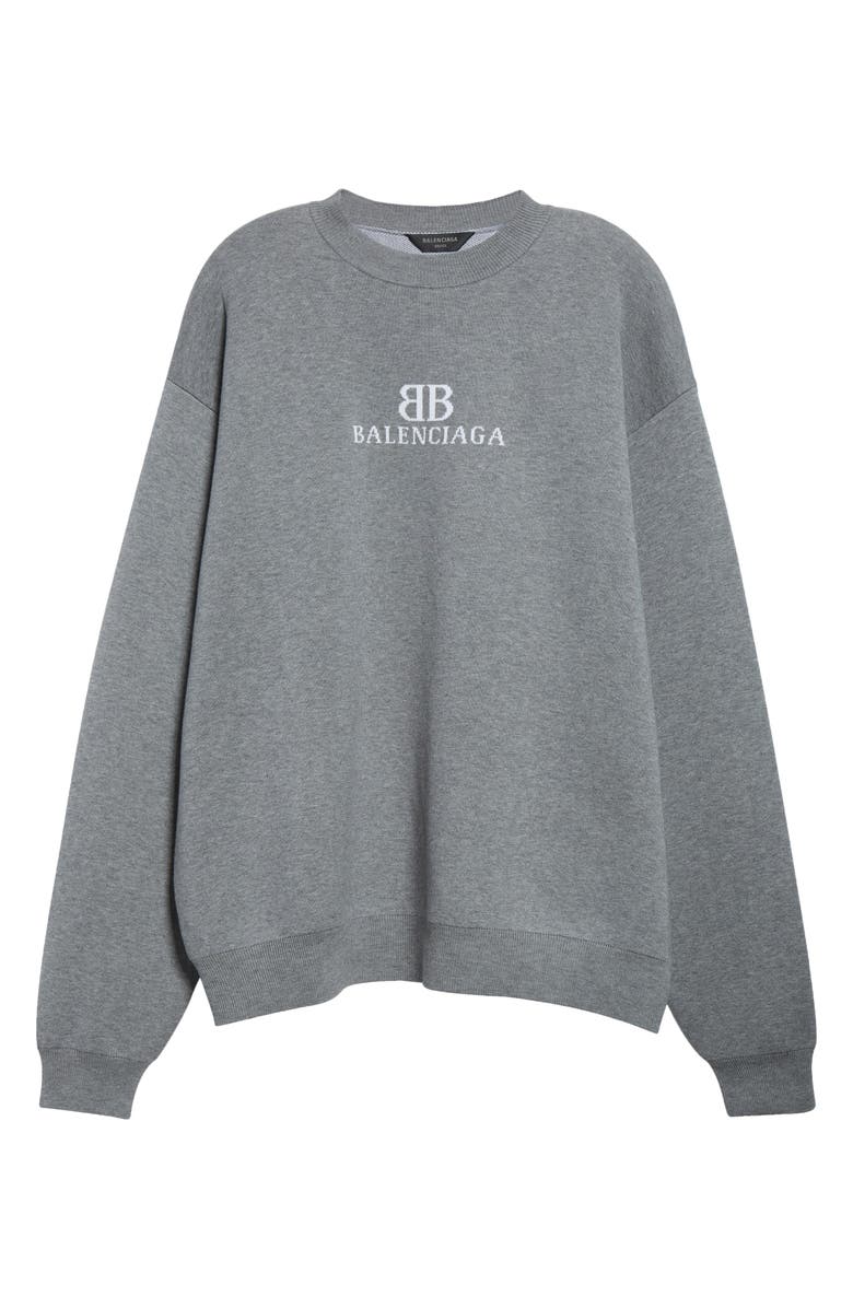 Balenciaga BB Logo Jacquard Crewneck Sweater, Alternate, color, Heather Grey/ White