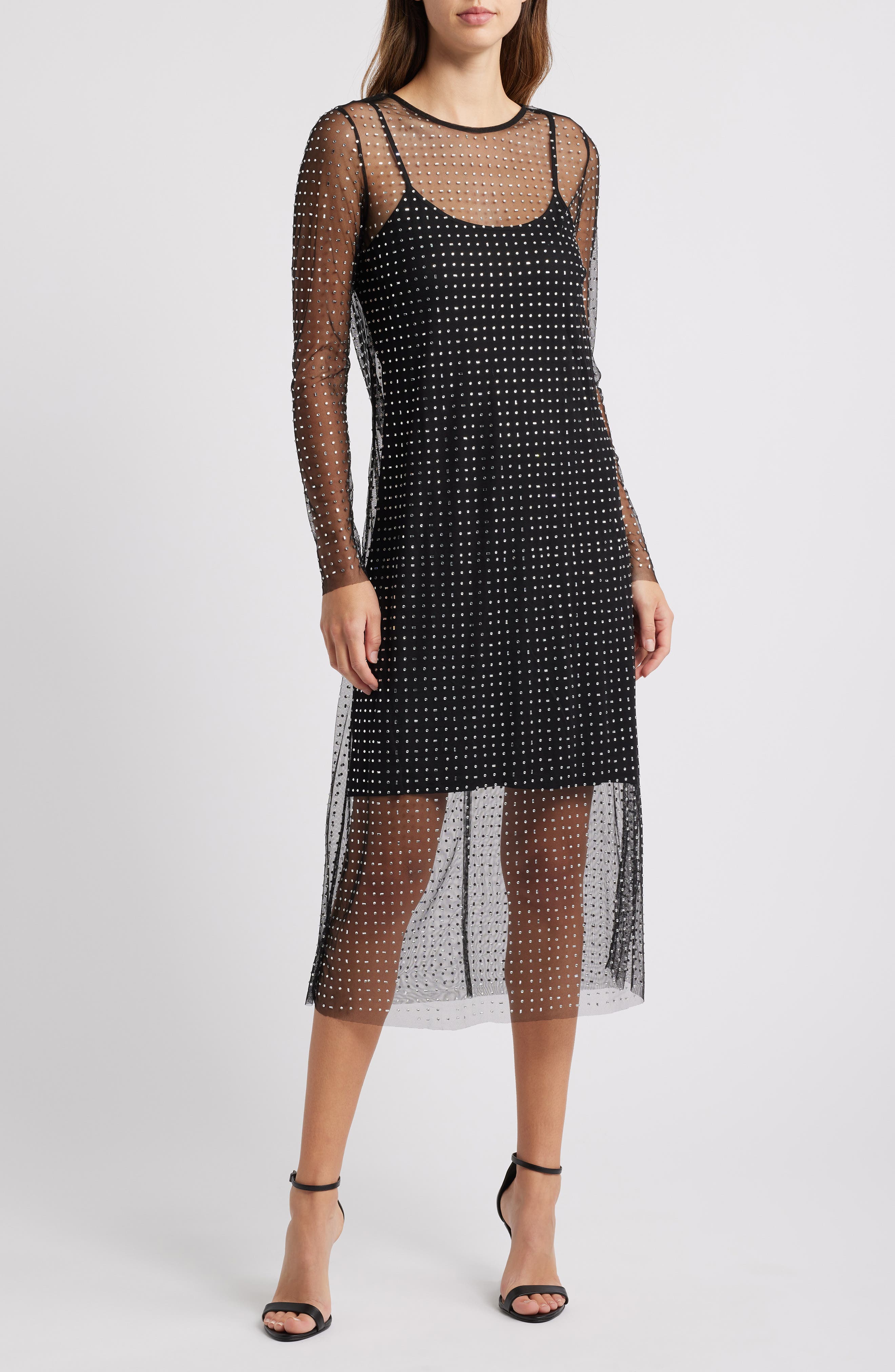 Halogen® Crystal Detail Long Sleeve Mesh Overlay Midi Dress