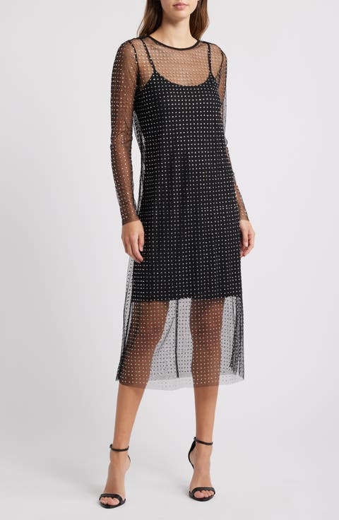 Crystal Detail Long Sleeve Mesh Overlay Midi Dress