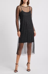 Halogen® Crystal Detail Long Sleeve Mesh Overlay Midi Dress