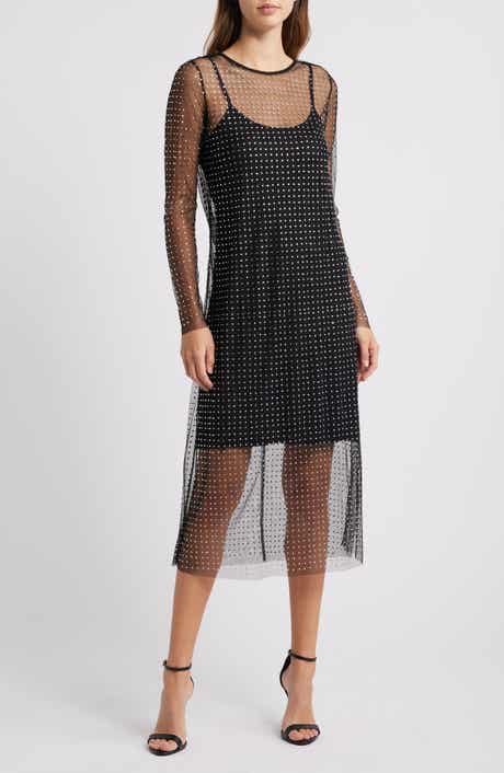 Halogen® Crystal Detail Long Sleeve Mesh Overlay Midi Dress