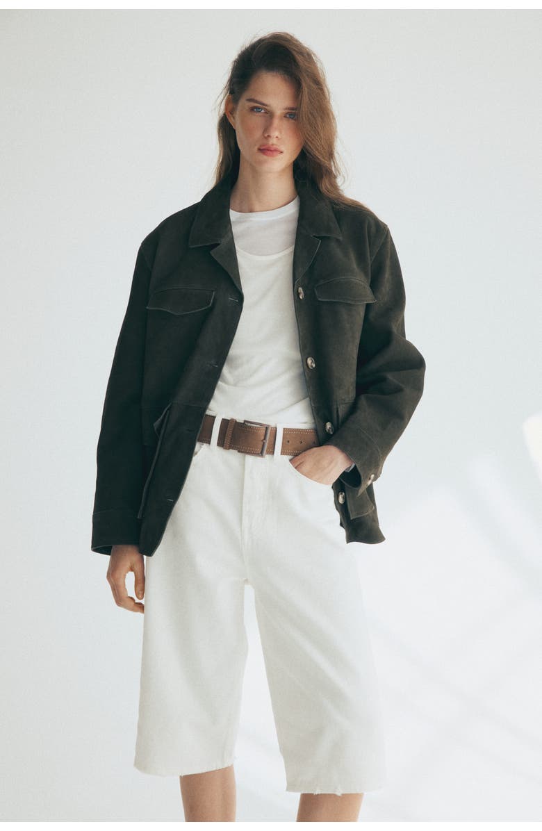 H&M Denim bermuda shorts with belt, Alternate, color, Cream