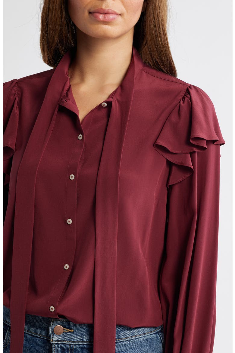 Tie Neck Silk Crêpe de Chine Button-Up Shirt, Alternate, color, CRIMSON