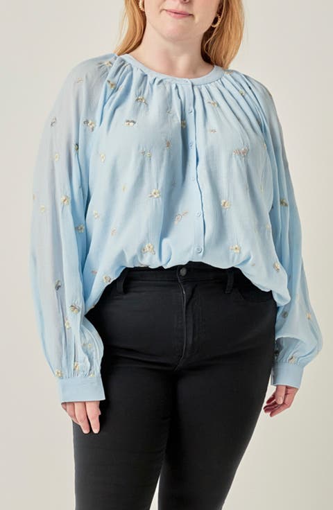 Embroidered Button Front Blouse