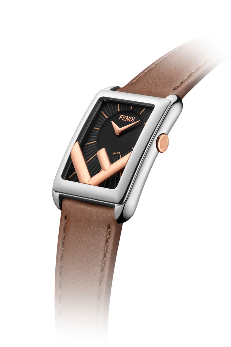 Run Away Rectangle Leather Strap Watch, 22.5mm x 32mm, Alternate, color, BROWN/ BLACK/ SILVER