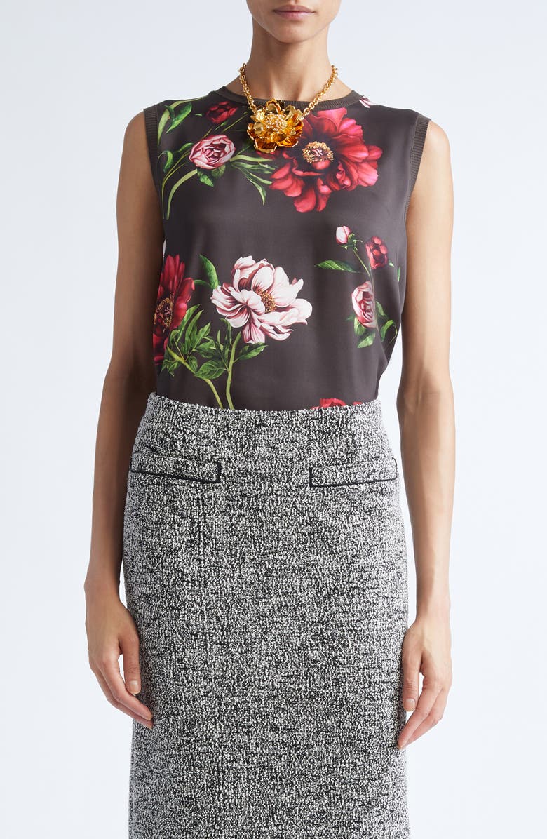 Oscar de la Renta Peony Print Sleeveless Silk Blend Top, Main, color, Brown Multi
