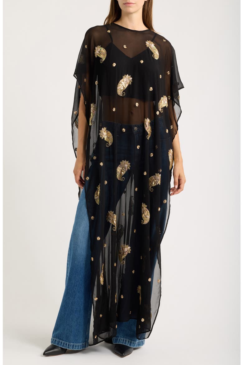 Rimi Embroidered Georgette Cape Top, Alternate, color, BLACK