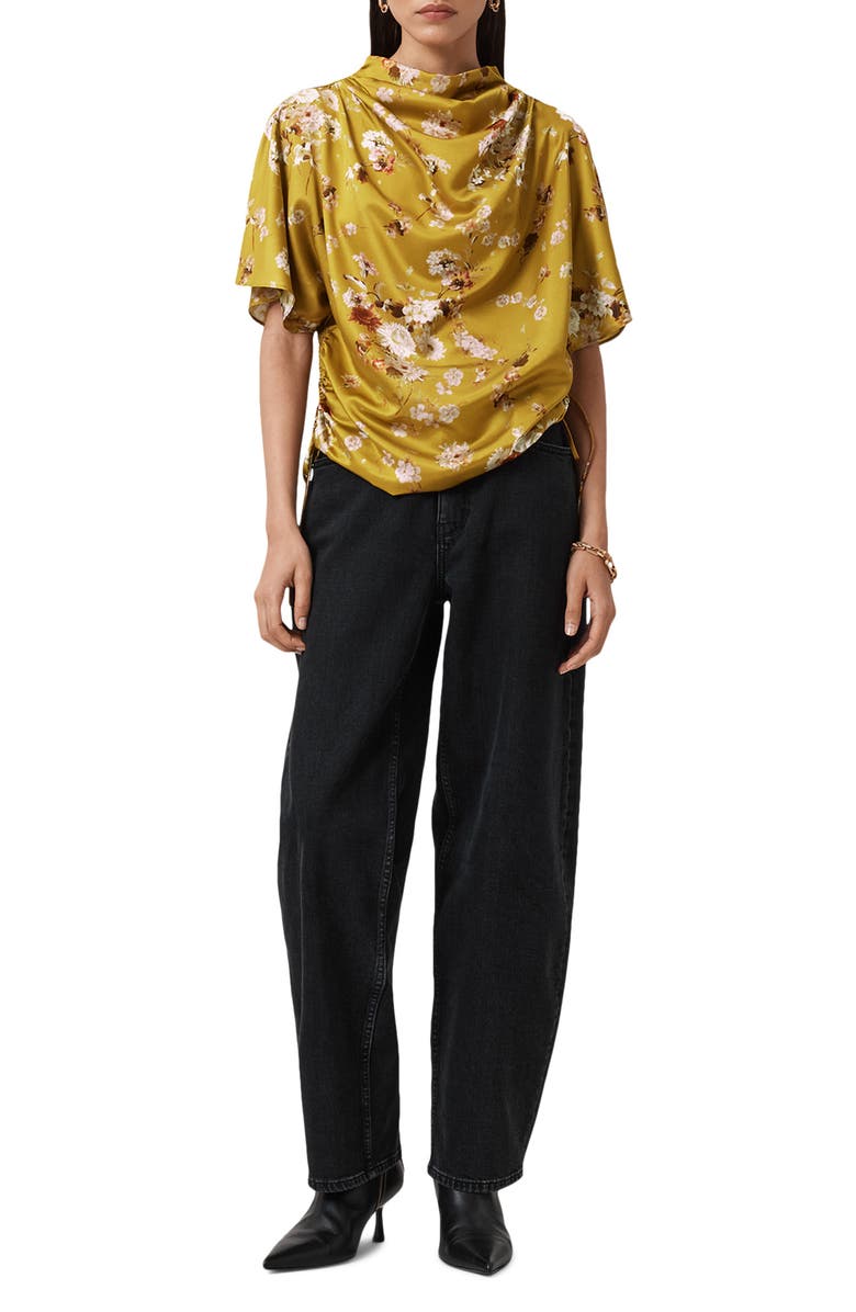 AllSaints Leslie Floral Side Ruched Top, Alternate, color, Armada Deep Yellow