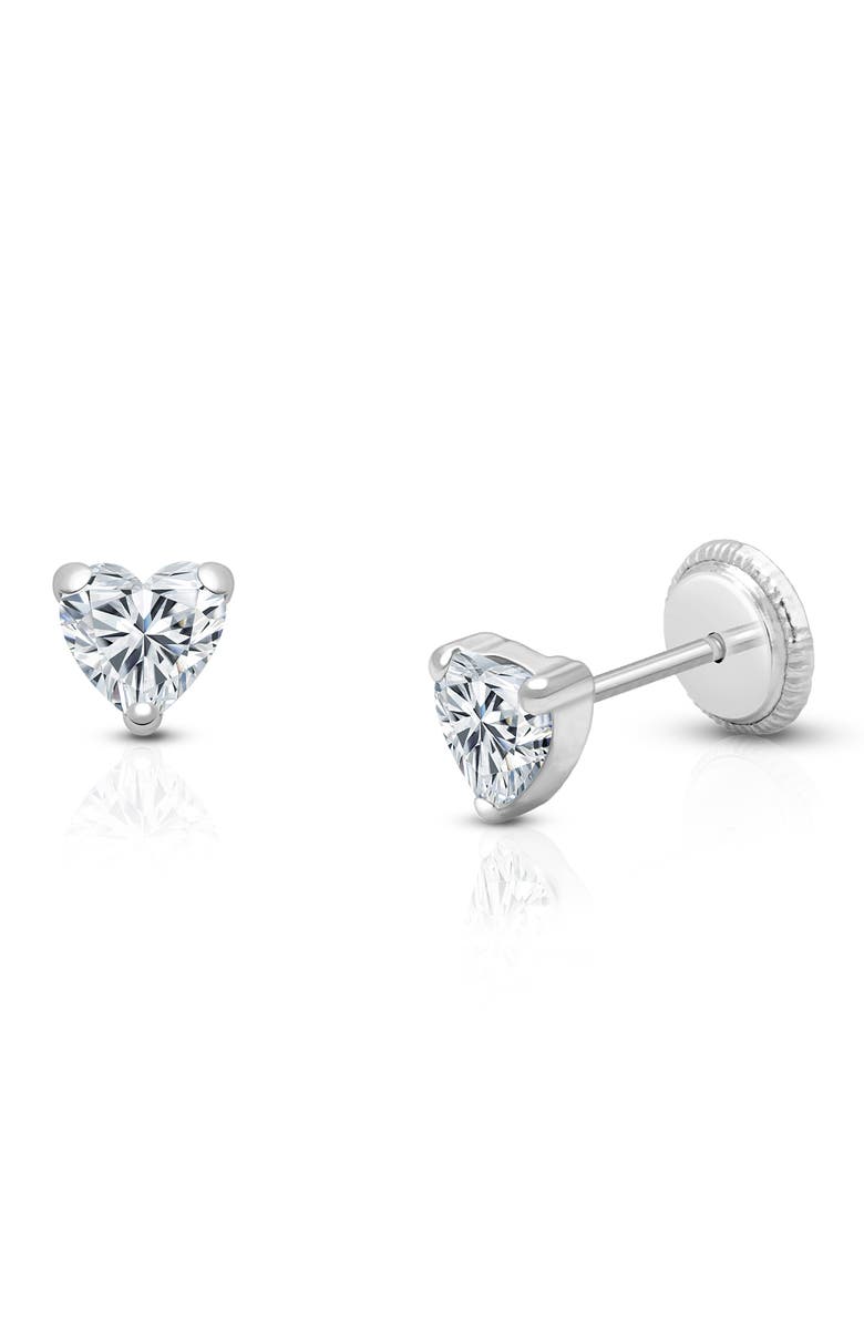 Tiny Blessings 14K Gold 4mm Clear Heart Studs Screw Back Earrings, Main, color, 14K White Gold