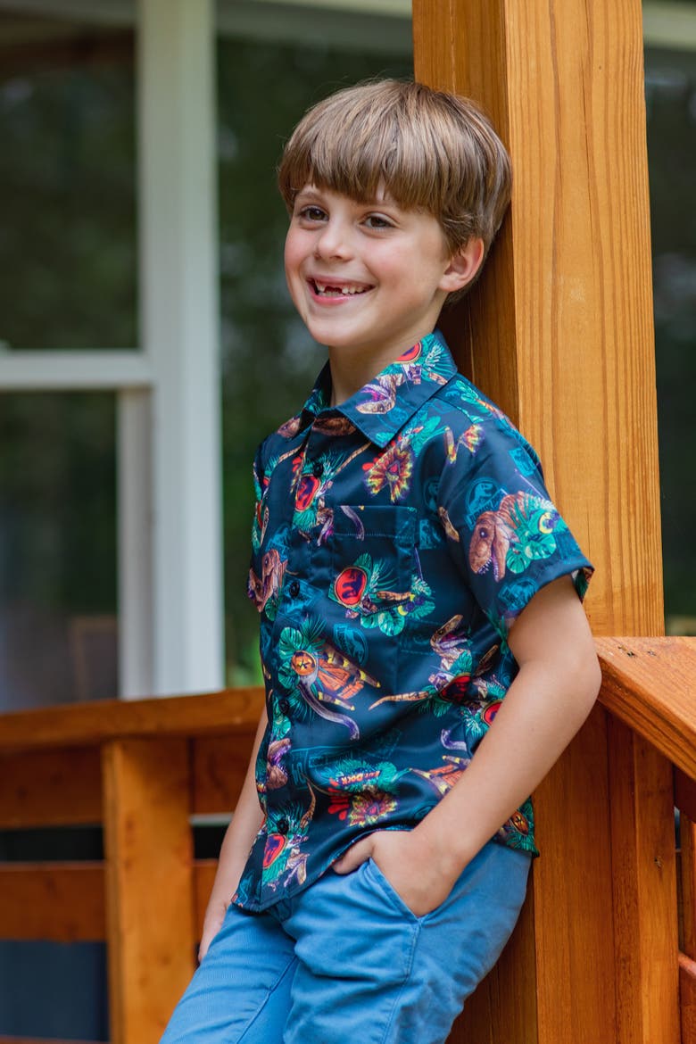 Jurassic Park T-Rex Hawaiian Short Sleeve Button Down Shirt, Alternate, color, Black Dino Tropical