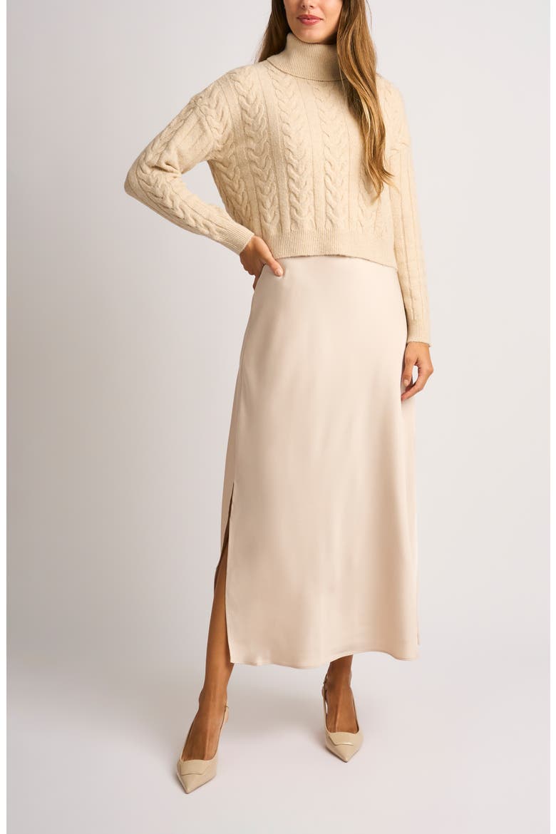 Cable Knit Turtleneck Sweater & Satin Midi Dress Set, Main, color, SHINE VANILA