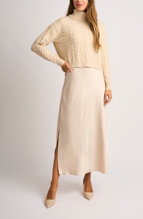 Cable Knit Turtleneck Sweater & Satin Midi Dress Set
