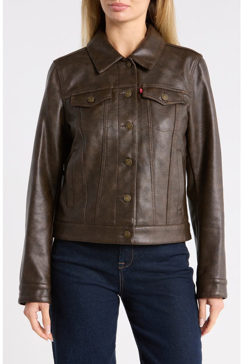 Faux Leather Trucker Jacket, Main, color, BROWN