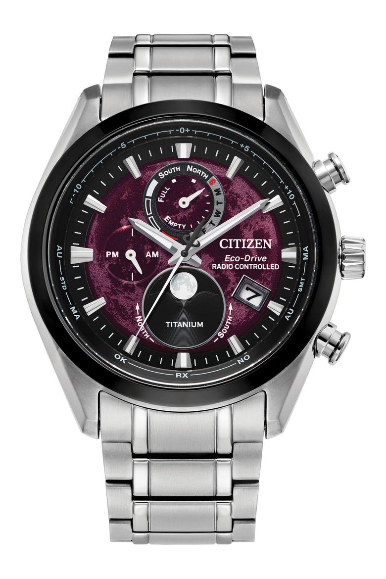 Tsuki-yomi Atomic Timekeeping Super Titanium™ Bracelet Watch, 43mm, Main, color, SILVER-TONE RED