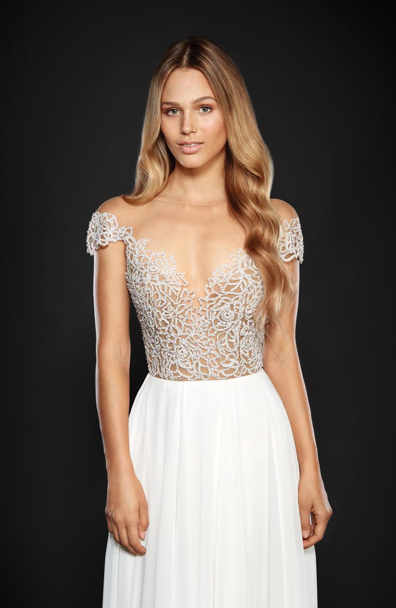 Hayley Paige Celine Embellished Illusion Mesh & Chiffon A-Line Wedding Dress, Alternate, color,