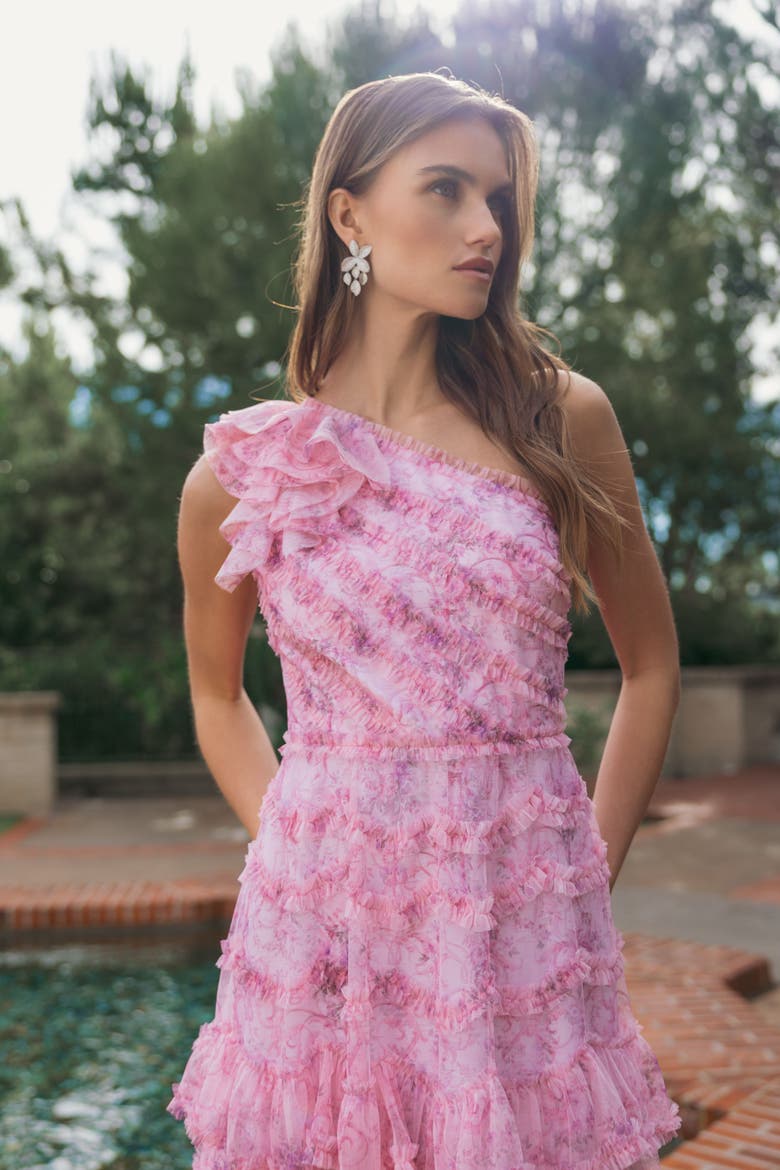 Printed One Shoulder Ruffled A Line Midi Dress, Alternate, color, Pastel Multi