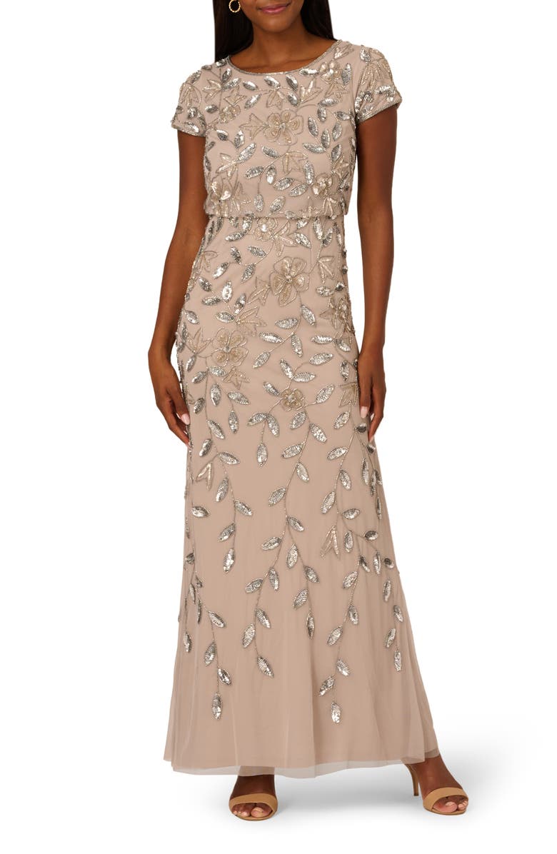 Adrianna Papell Beaded Mesh Gown, Main, color, 