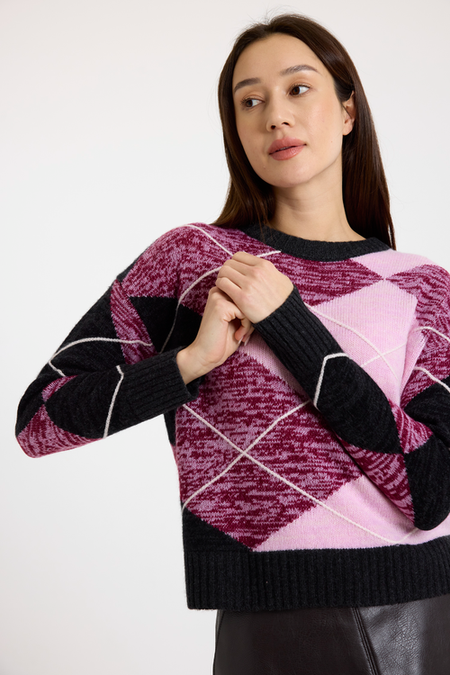 Brodie Pure Cashmere Argyle Crew Neck 100% Cashmere Sweater In Purple