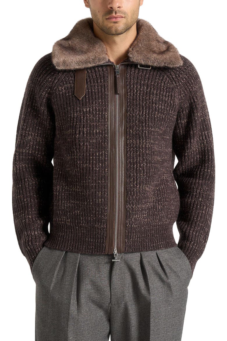 Ariel Unisex Plush Collar Speckled Knit Jacket, Alternate, color, Brown