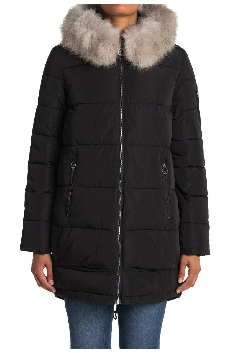DKNY Zip Front Coat with Faux Fur Hood, Alternate, color, 