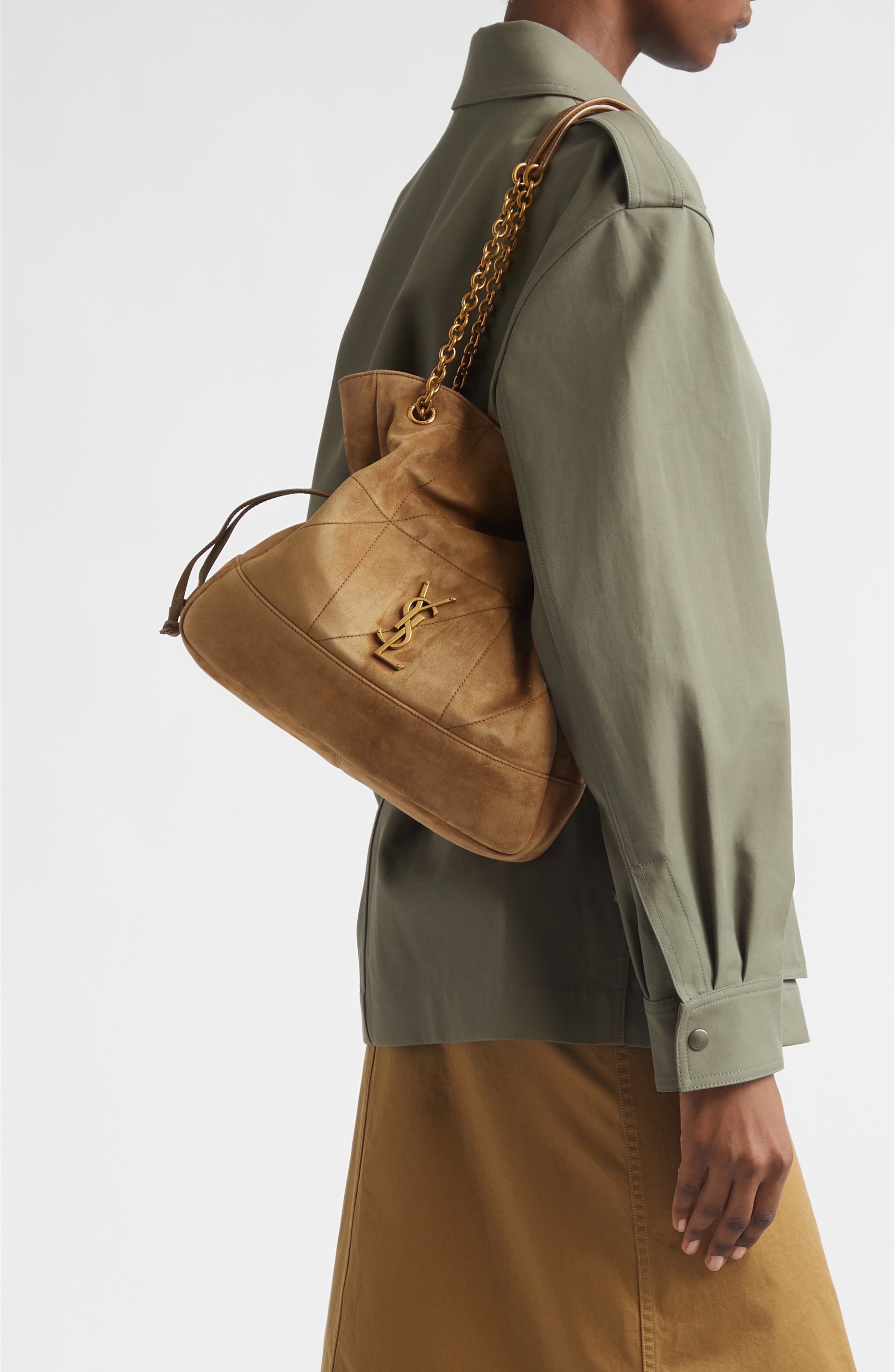 Saint Laurent Jamie Small Suede Shopper, Alternate, color, Golden Leaf