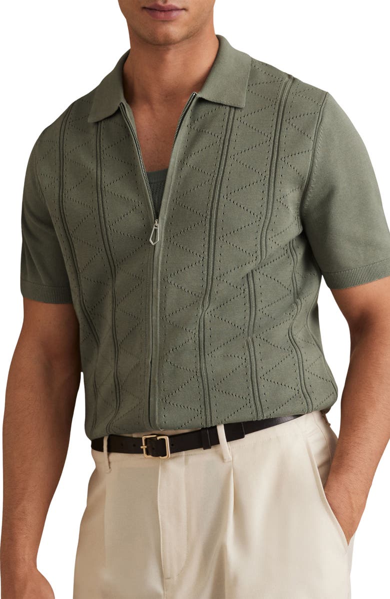 Reiss Tay Pointelle Short Sleeve Zip-Up Cardigan, Main, color, Sage